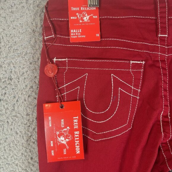 New TRUE RELIGION Size 16 (30) Red Super Stretch Skinny Embroidered Pockets Y2K - Picture 5 of 11
